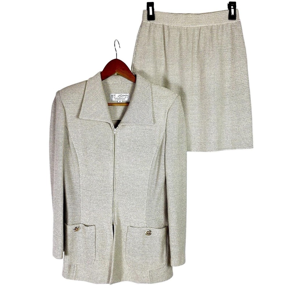 St John Collection 2-Piece Skirt Suit S 4/6 Gray Classic Santana Knit Zip Jacket